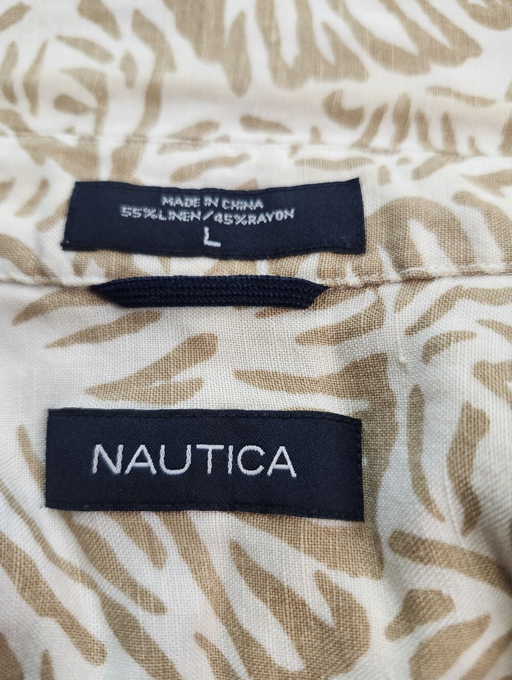 Nautica Beige and White Floral Short-Sleeve Button-Down Shirt - Picture 3 of 9